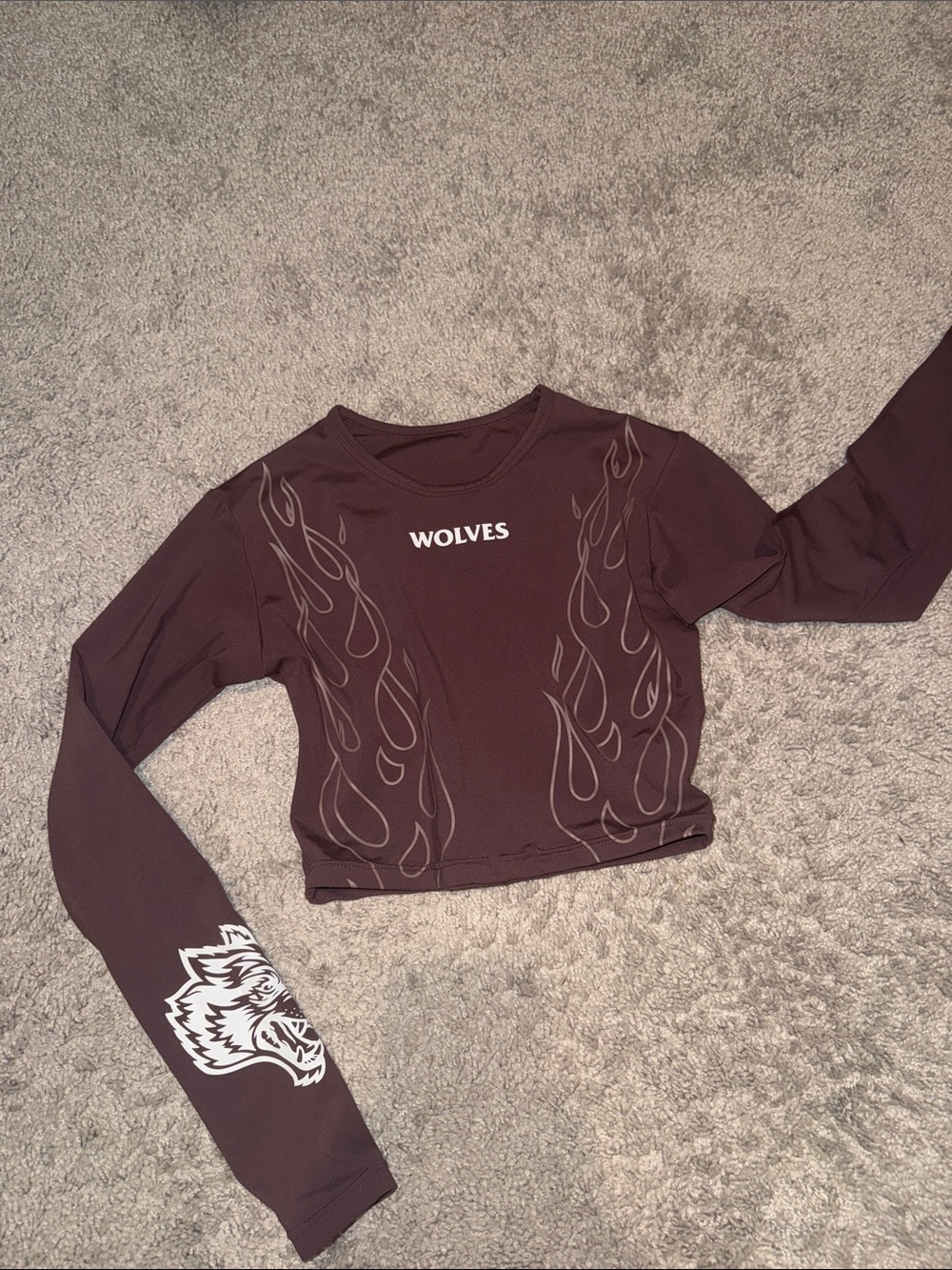 Darc Sport Brown Long-Sleeve Crop Top with Wolf Graphic